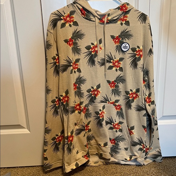 Hurley Tan Hoodie with Red and Green Floral Design - Picture 1 of 3